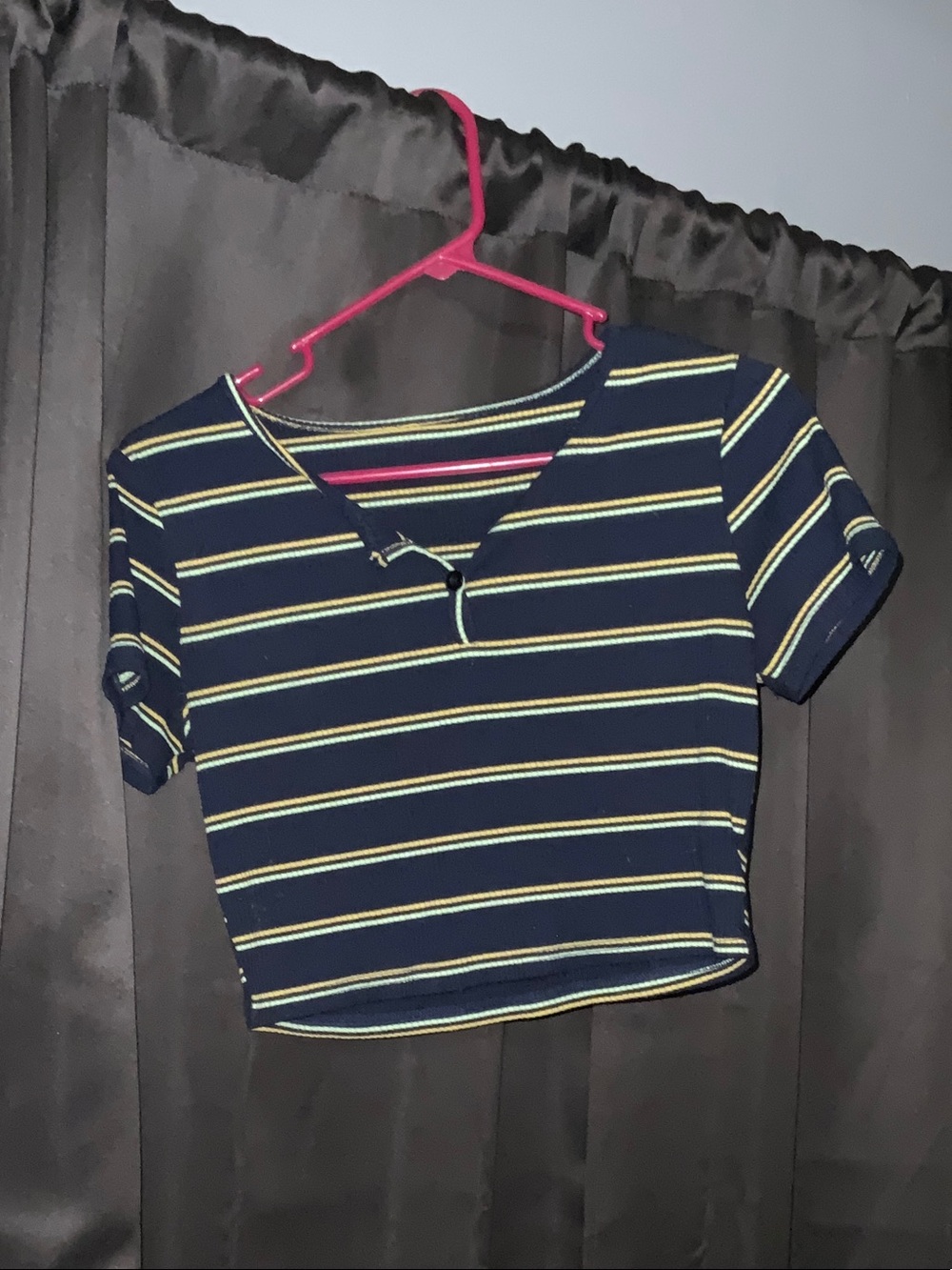 Striped Navy Crop Top with Yellow Accent - Women's